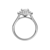 A profile view of the Radiant cut diamond engagement ring in 14k white gold with a plain band and cathedral setting