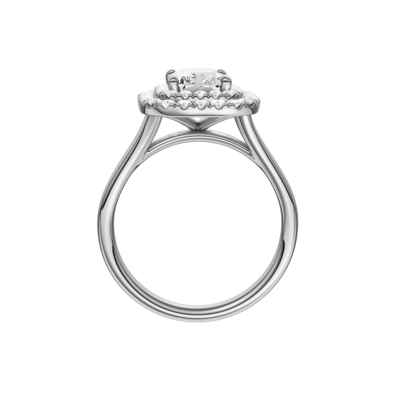 A profile view of the Radiant cut diamond engagement ring in 14k white gold with a plain band and cathedral setting