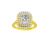 A front view of the Radiant cut diamond engagement ring in 14k yellow gold with a plain band and cathedral setting