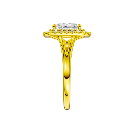 A side view of the Radiant cut diamond engagement ring in 14k yellow gold with a plain band and cathedral setting