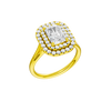 A three-quarter view of the Radiant cut diamond engagement ring in 14k yellow gold with a plain band and cathedral setting