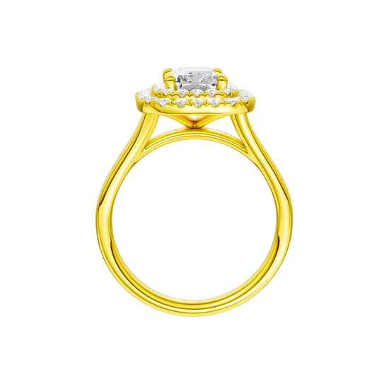 A profile view of the Radiant cut diamond engagement ring in 14k yellow gold with a plain band and cathedral setting