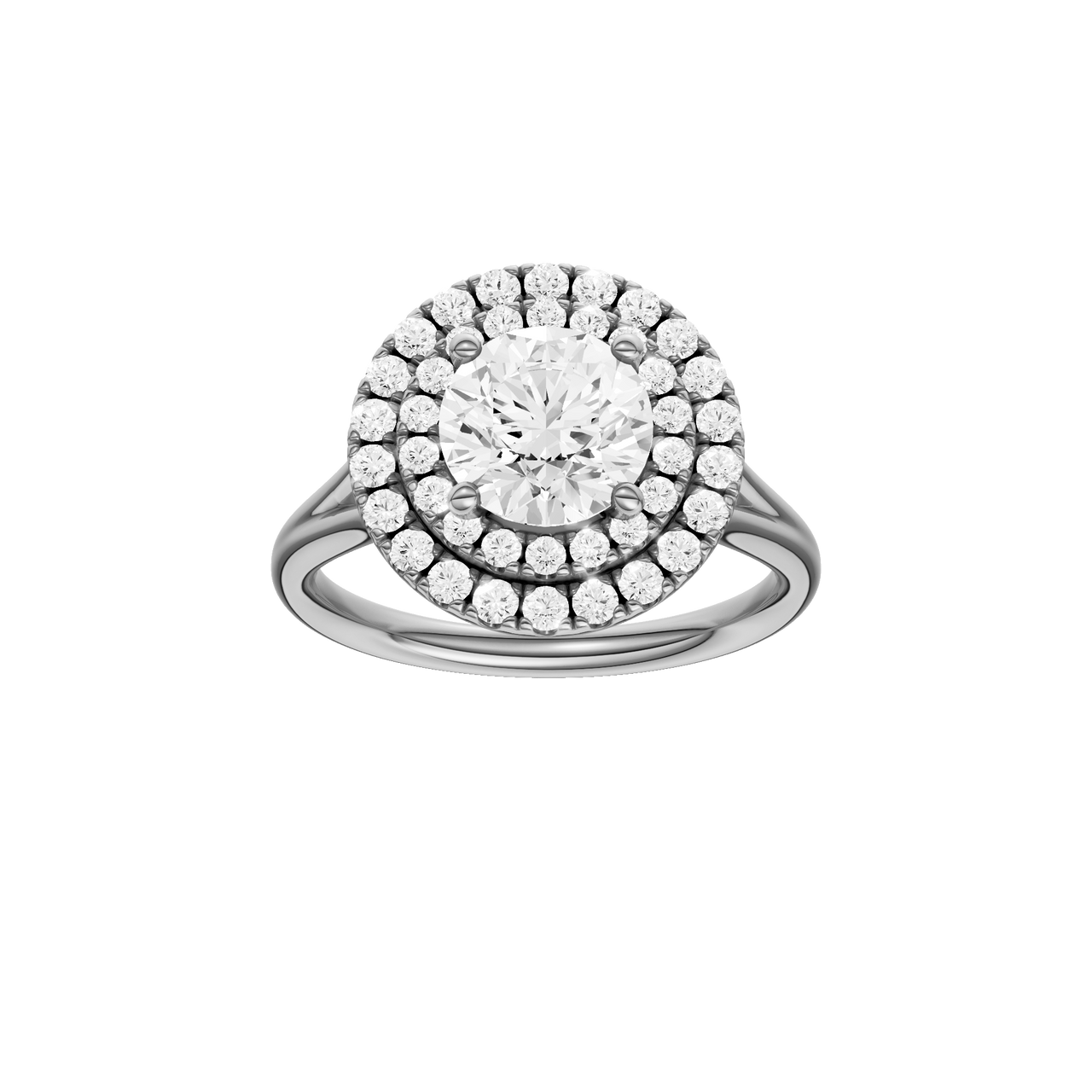 A front view of the Round cut diamond engagement ring in platinum with a plain band and cathedral setting