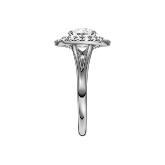 A side view of the Round cut diamond engagement ring in platinum with a plain band and cathedral setting
