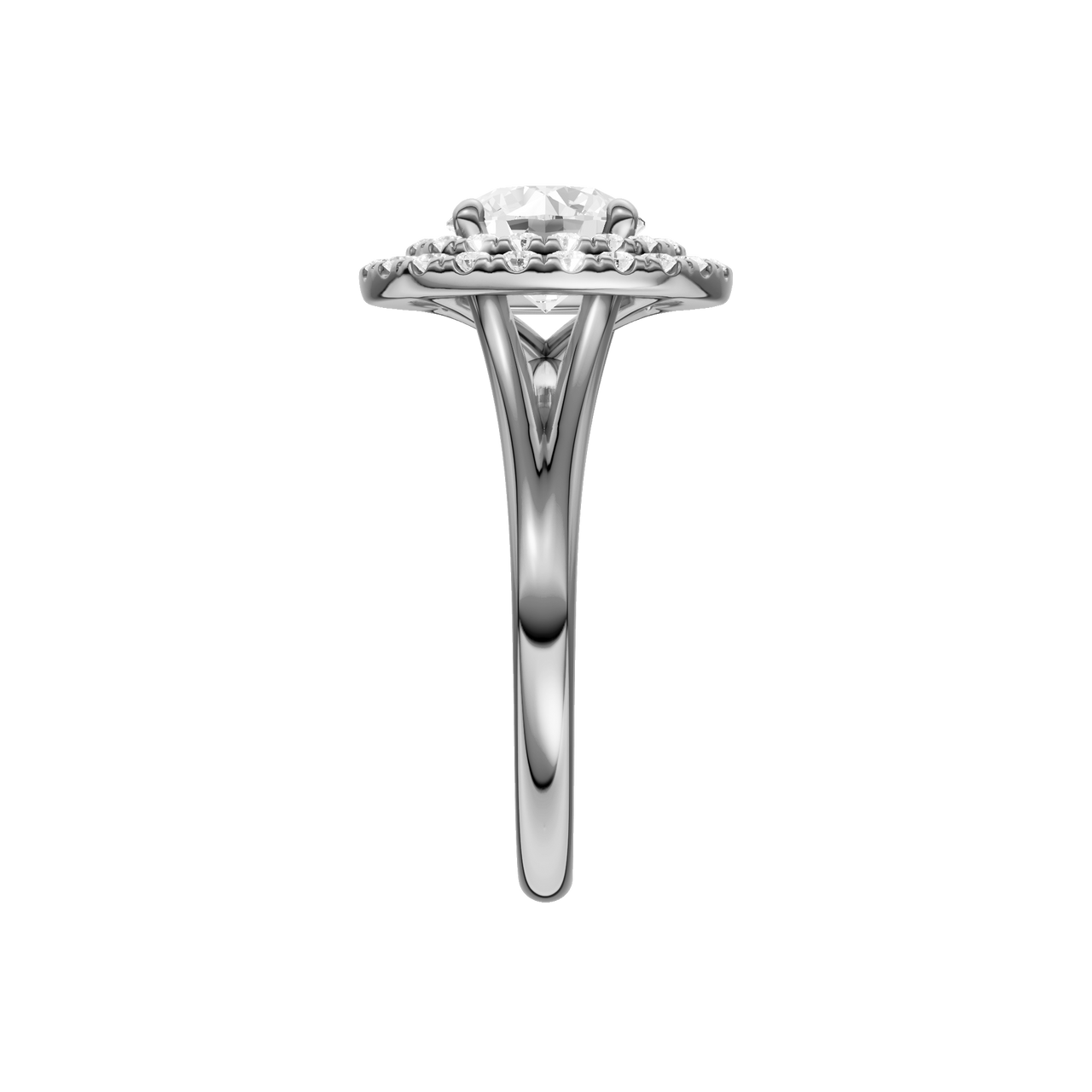 A side view of the Round cut diamond engagement ring in platinum with a plain band and cathedral setting
