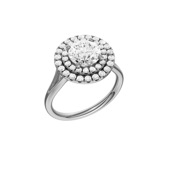 A three-quarter view of the Round cut diamond engagement ring in platinum with a plain band and cathedral setting