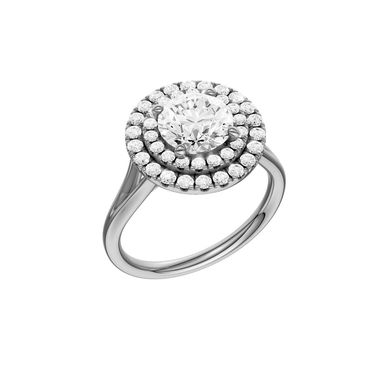A three-quarter view of the Round cut diamond engagement ring in platinum with a plain band and cathedral setting