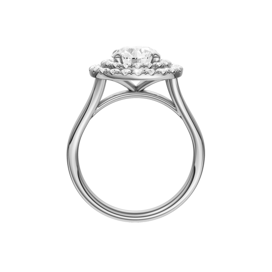 A profile view of the Round cut diamond engagement ring in platinum with a plain band and cathedral setting