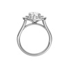 A profile view of the Round cut diamond engagement ring in platinum with a plain band and cathedral setting