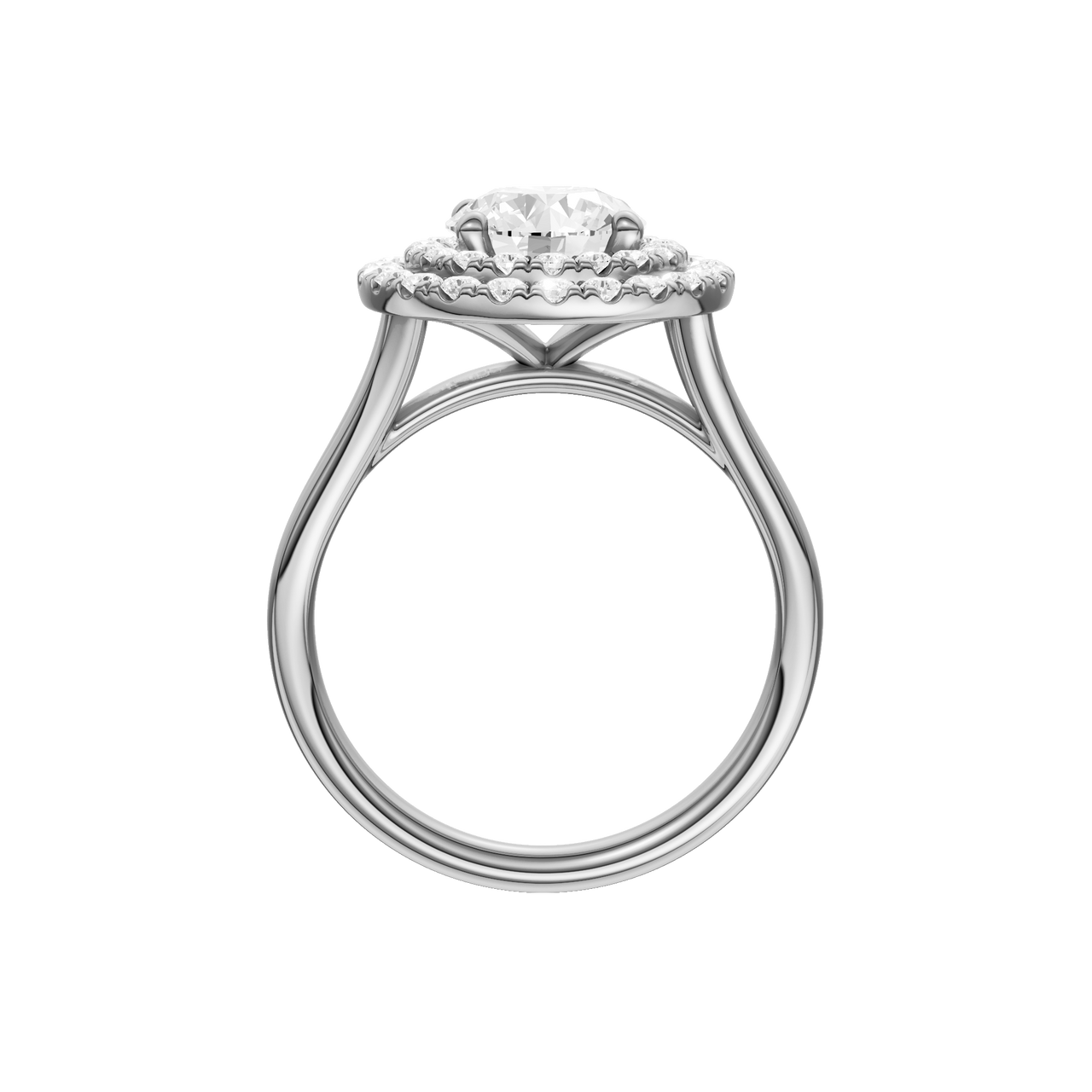 A profile view of the Round cut diamond engagement ring in platinum with a plain band and cathedral setting
