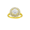 A front view of the Round cut diamond engagement ring in 14k yellow gold with a plain band and cathedral setting