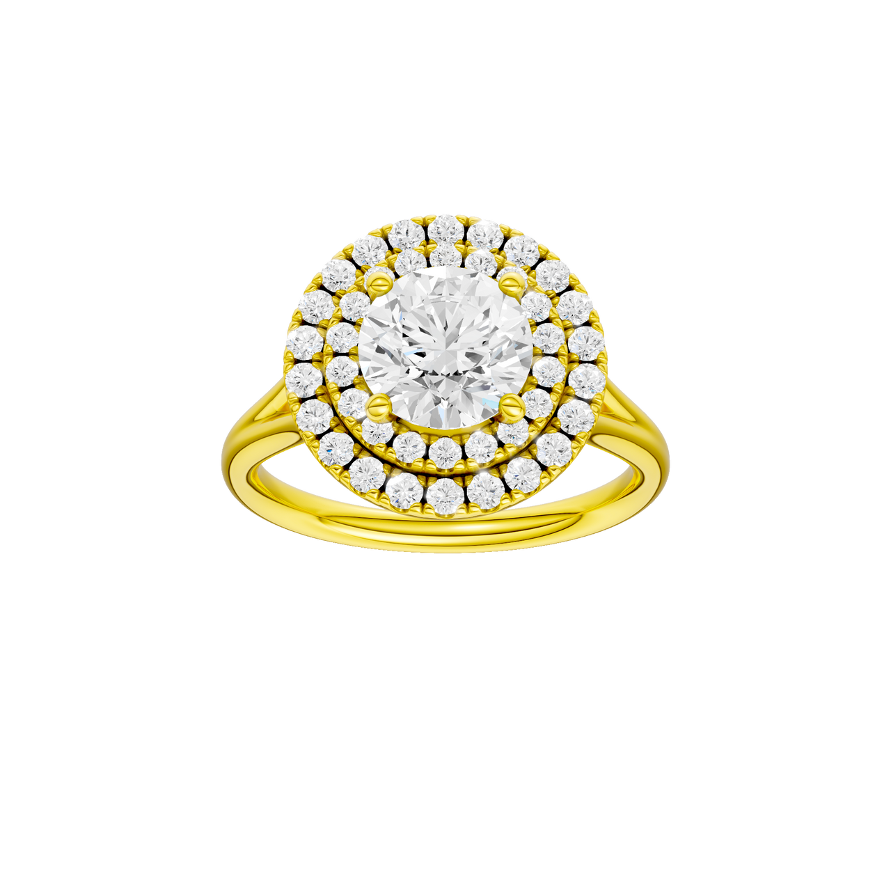A front view of the Round cut diamond engagement ring in 14k yellow gold with a plain band and cathedral setting