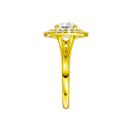 A side view of the Round cut diamond engagement ring in 14k yellow gold with a plain band and cathedral setting