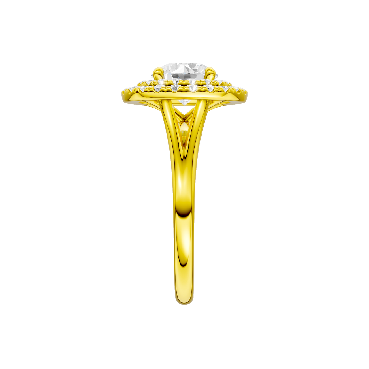 A side view of the Round cut diamond engagement ring in 14k yellow gold with a plain band and cathedral setting