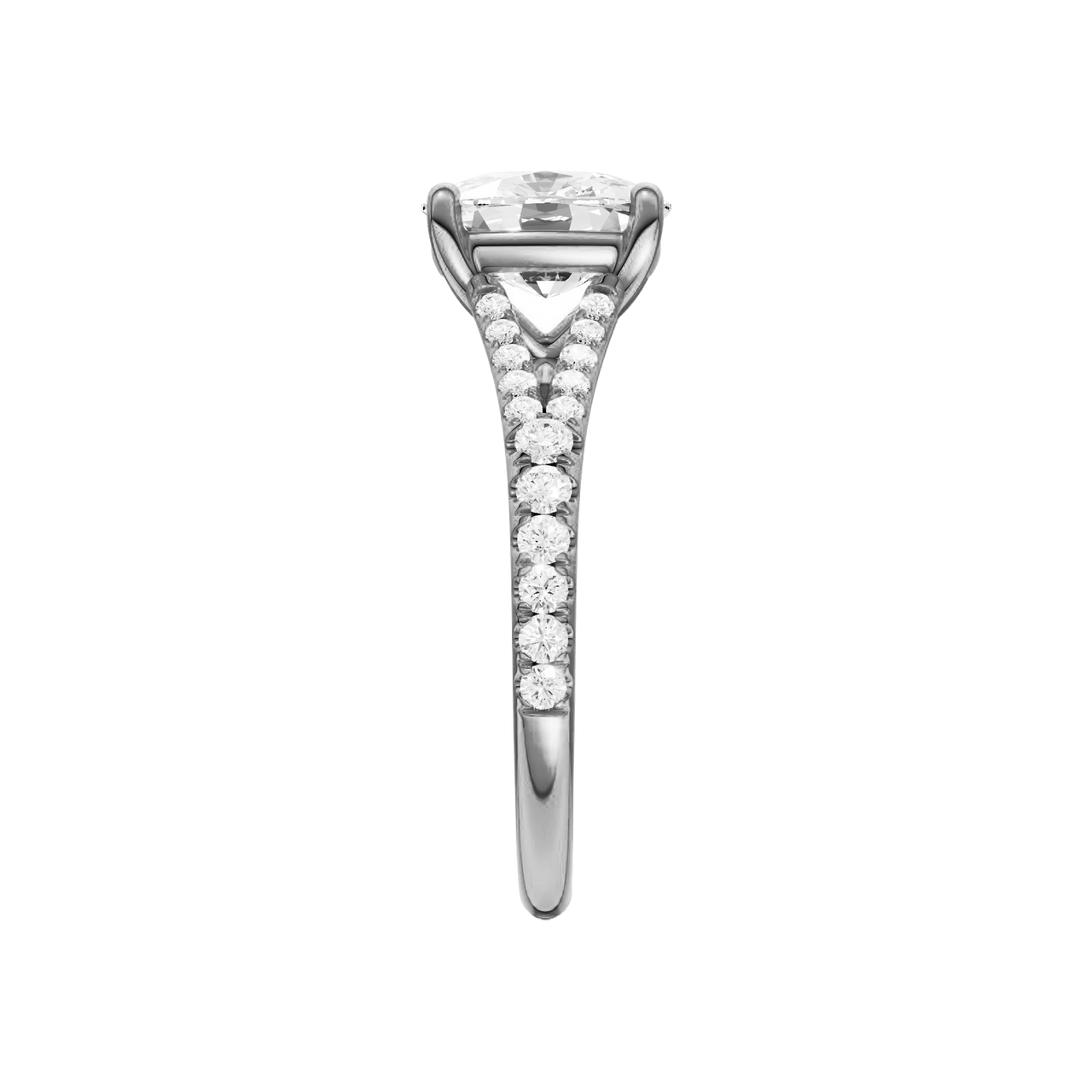 A side view of the Elongated Cushion cut diamond engagement ring in 14k white gold with a prong band and solitaire setting