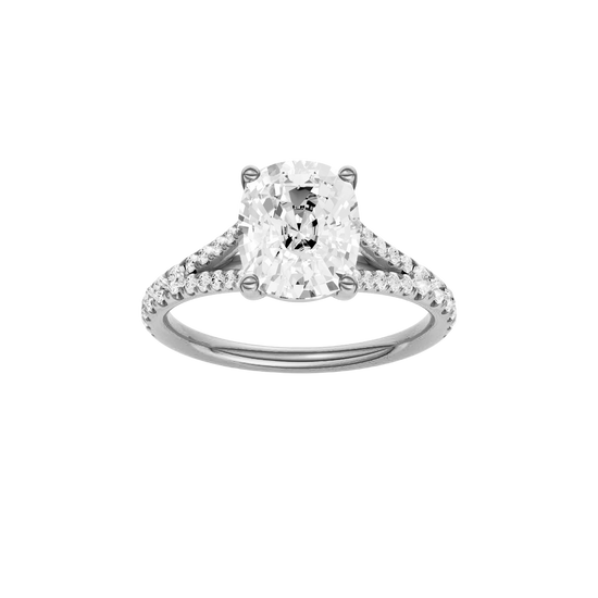 A front view of the Elongated Cushion cut diamond engagement ring in 14k white gold with a prong band and solitaire setting