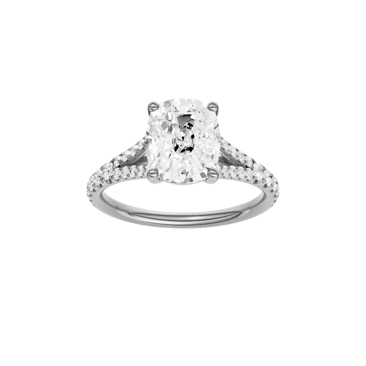 A front view of the Elongated Cushion cut diamond engagement ring in 14k white gold with a prong band and solitaire setting
