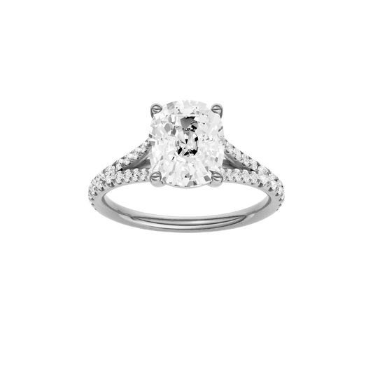 A front view of the Elongated Cushion cut diamond engagement ring in 14k white gold with a prong band and solitaire setting