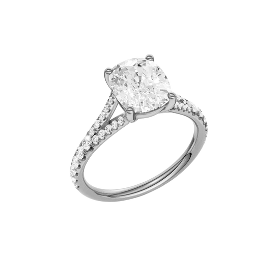 A three-quarter view of the Elongated Cushion cut diamond engagement ring in platinum with a prong band and solitaire setting