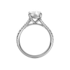 A profile view of the Elongated Cushion cut diamond engagement ring in platinum with a prong band and solitaire setting
