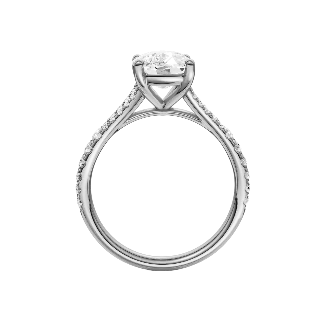 A profile view of the Elongated Cushion cut diamond engagement ring in 14k white gold with a prong band and solitaire setting