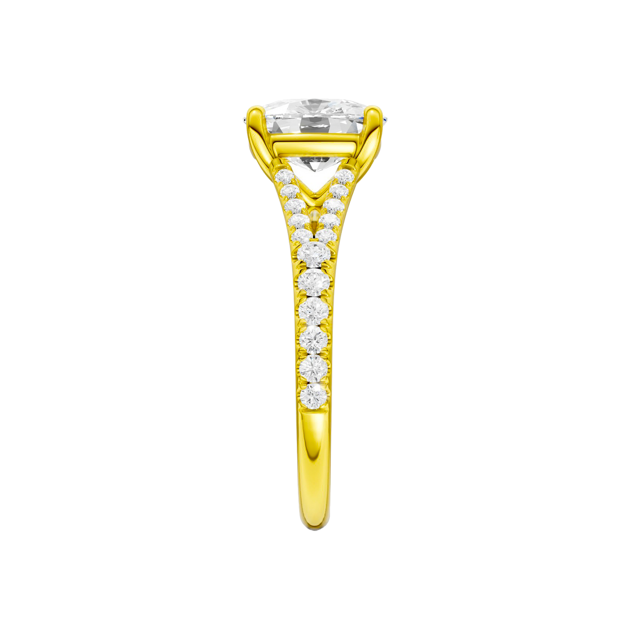 A side view of the Elongated Cushion cut diamond engagement ring in 14k yellow gold with a prong band and solitaire setting