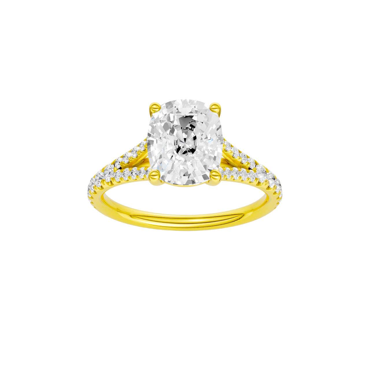 A front view of the Elongated Cushion cut diamond engagement ring in 14k yellow gold with a prong band and solitaire setting