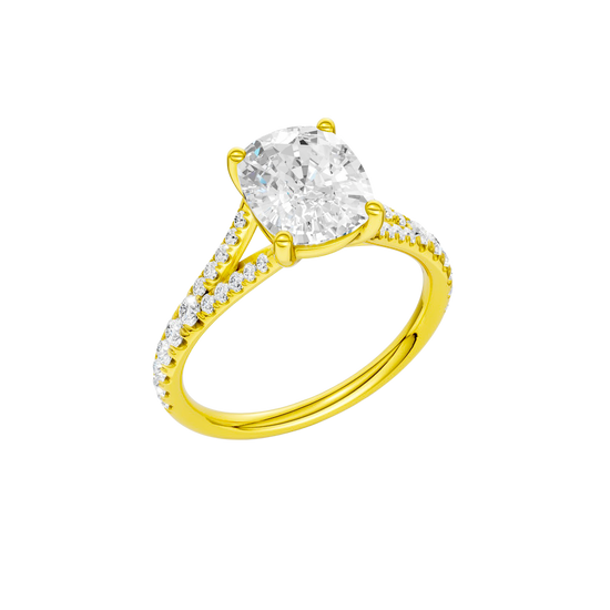 A three-quarter view of the Elongated Cushion cut diamond engagement ring in 14k yellow gold with a prong band and solitaire setting
