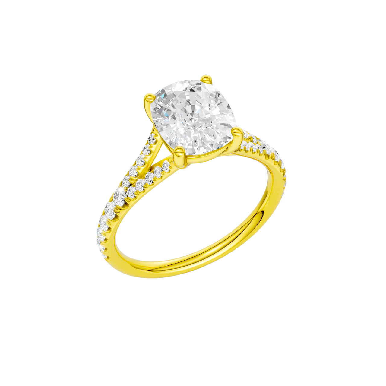 A three-quarter view of the Elongated Cushion cut diamond engagement ring in 14k yellow gold with a prong band and solitaire setting