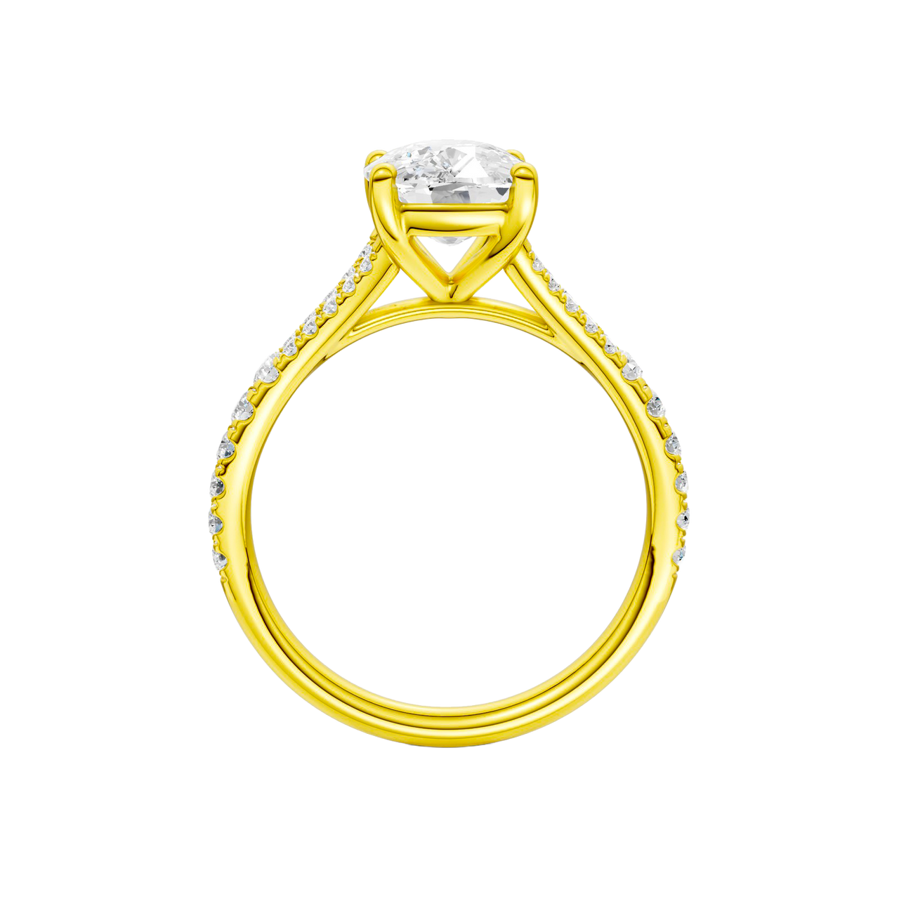 A profile view of the Elongated Cushion cut diamond engagement ring in 14k yellow gold with a prong band and solitaire setting
