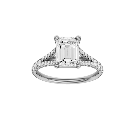 A front view of the Emerald cut diamond engagement ring in platinum with a prong band and solitaire setting