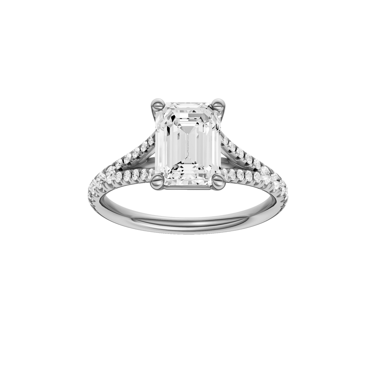 A front view of the Emerald cut diamond engagement ring in platinum with a prong band and solitaire setting