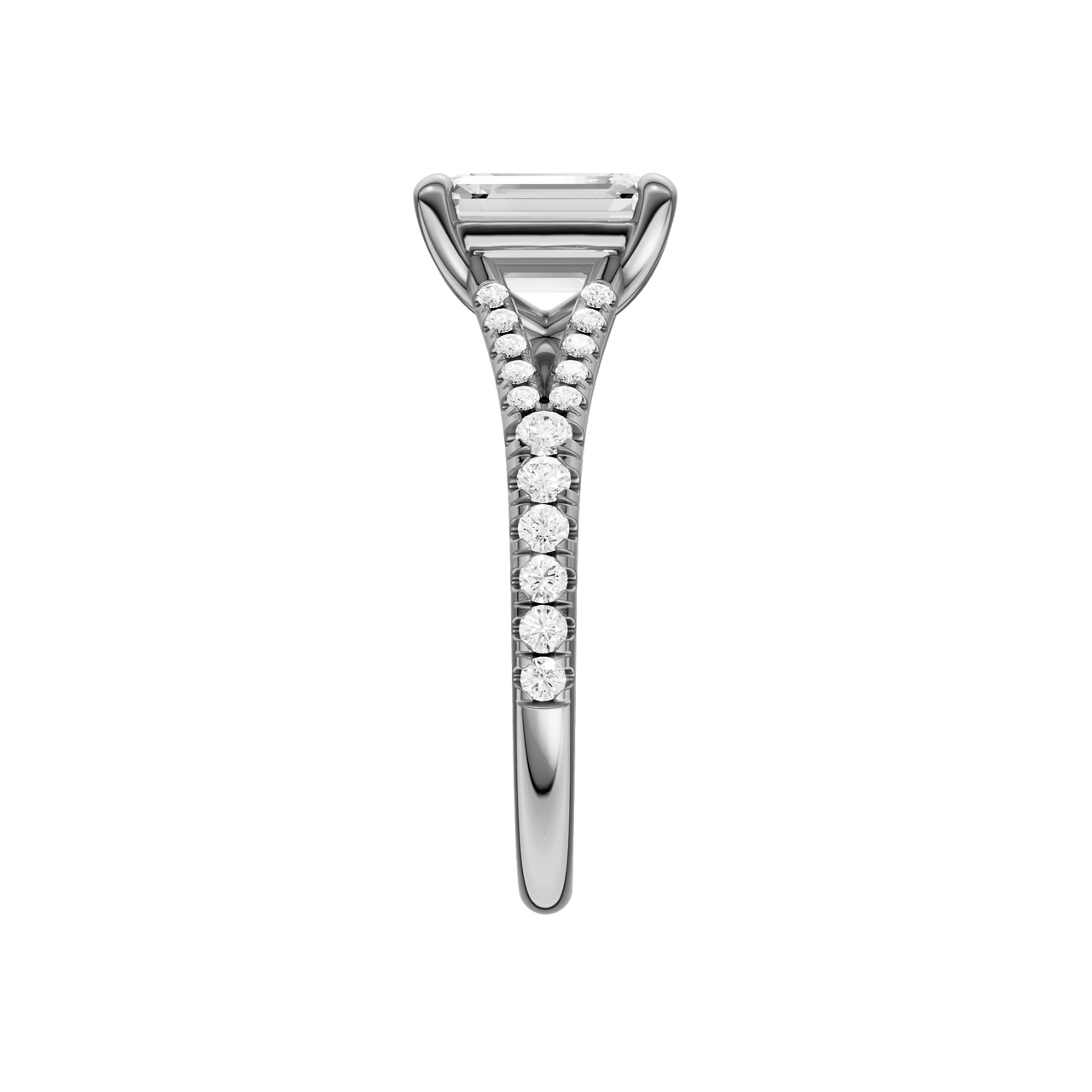 A side view of the Emerald cut diamond engagement ring in platinum with a prong band and solitaire setting