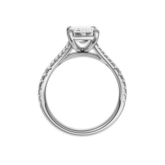 A profile view of the Emerald cut diamond engagement ring in platinum with a prong band and solitaire setting
