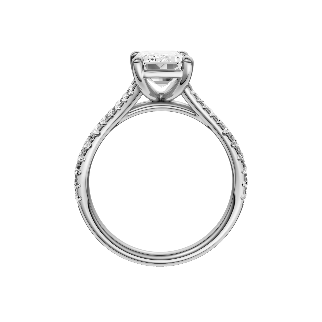 A profile view of the Emerald cut diamond engagement ring in platinum with a prong band and solitaire setting