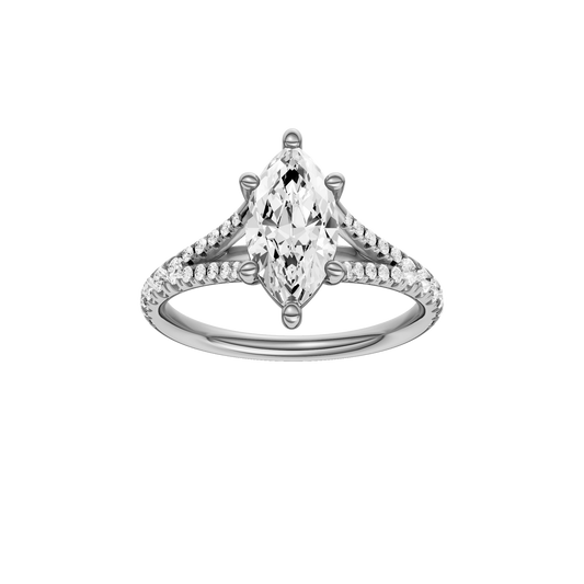 A front view of the Marquise cut diamond engagement ring in 14k white gold with a prong band and solitaire setting