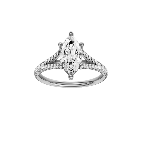 A front view of the Marquise cut diamond engagement ring in platinum with a prong band and solitaire setting