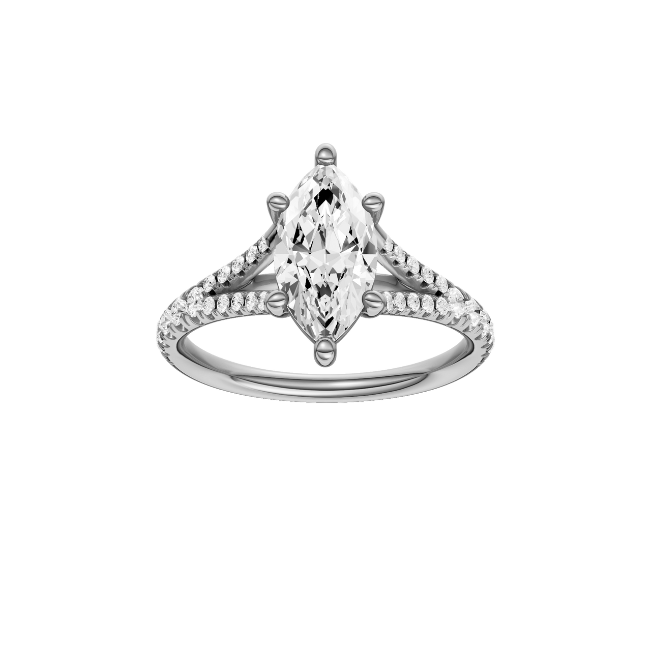 A front view of the Marquise cut diamond engagement ring in platinum with a prong band and solitaire setting