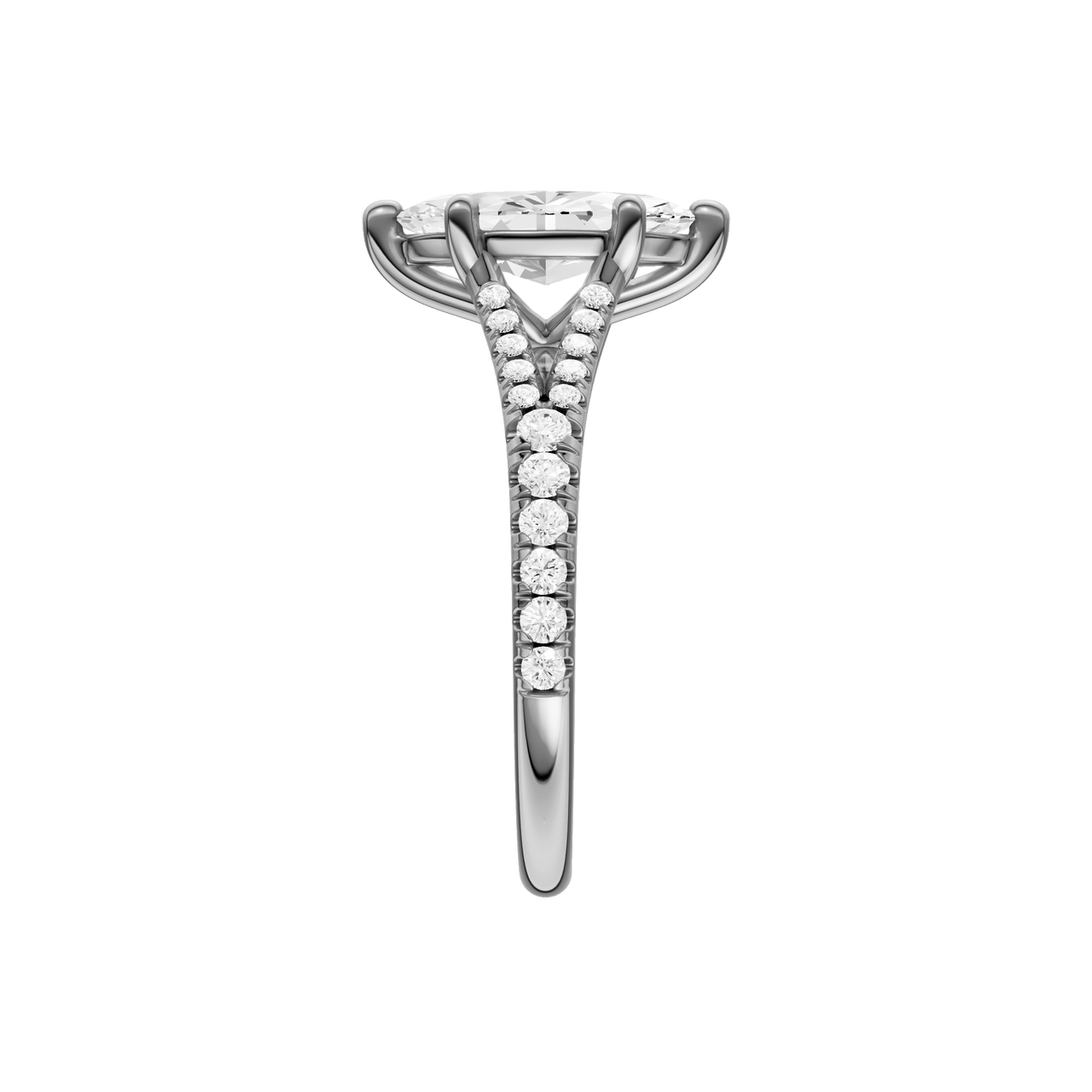 A side view of the Marquise cut diamond engagement ring in 14k white gold with a prong band and solitaire setting