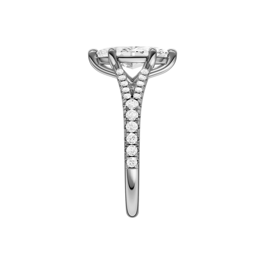 A side view of the Marquise cut diamond engagement ring in 14k white gold with a prong band and solitaire setting