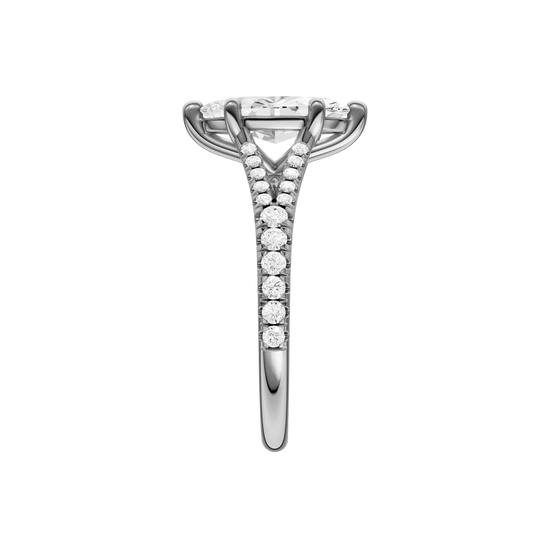 A side view of the Marquise cut diamond engagement ring in platinum with a prong band and solitaire setting