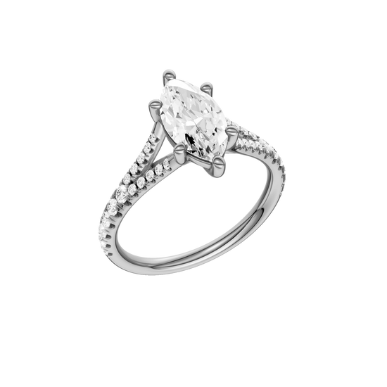A three-quarter view of the Marquise cut diamond engagement ring in 14k white gold with a prong band and solitaire setting