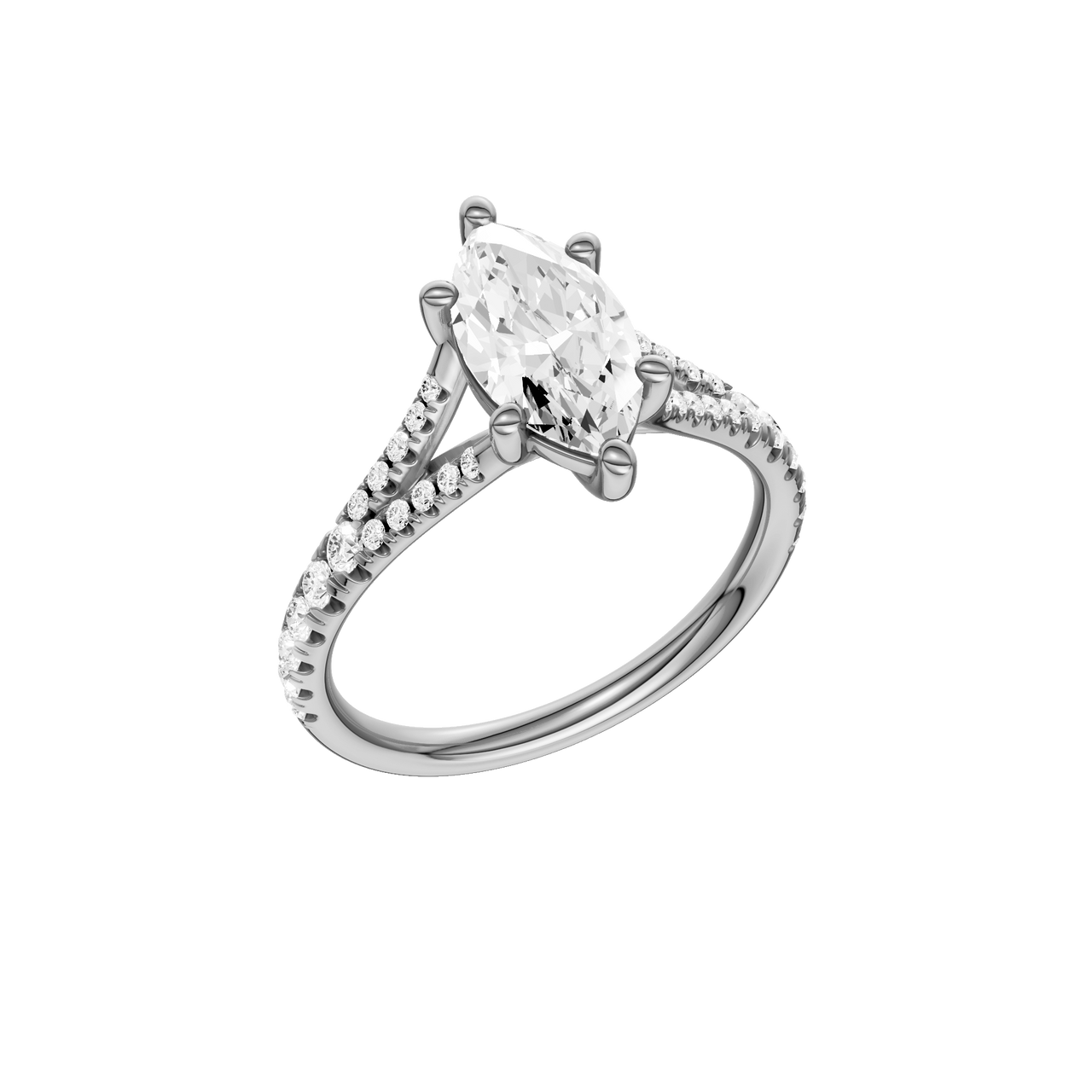 A three-quarter view of the Marquise cut diamond engagement ring in 14k white gold with a prong band and solitaire setting