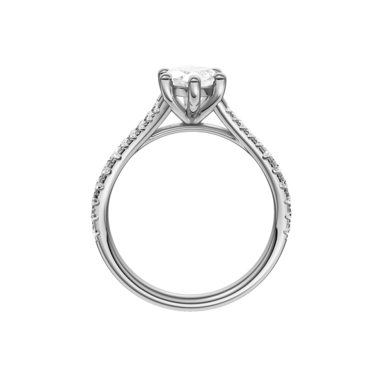 A profile view of the Marquise cut diamond engagement ring in platinum with a prong band and solitaire setting