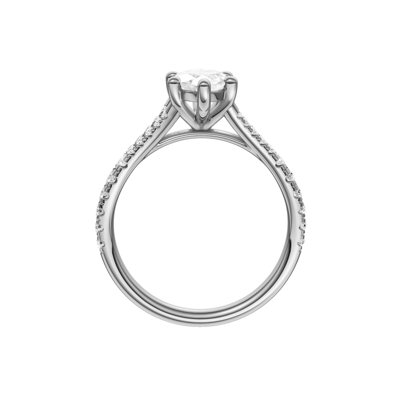 A profile view of the Marquise cut diamond engagement ring in platinum with a prong band and solitaire setting