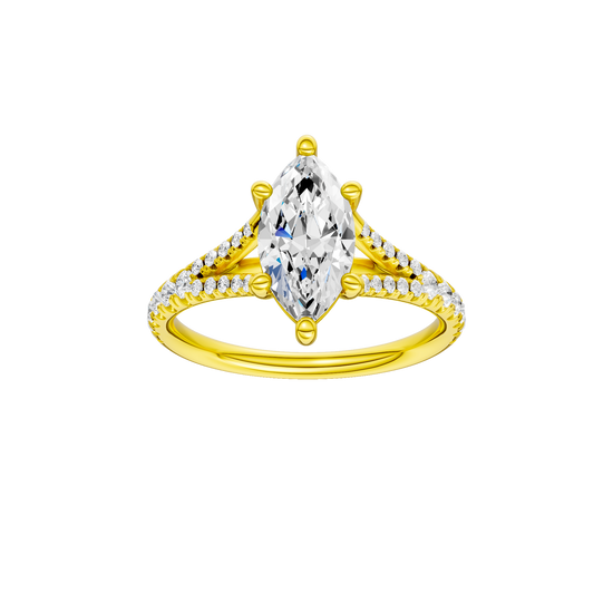 A front view of the Marquise cut diamond engagement ring in 14k yellow gold with a prong band and solitaire setting
