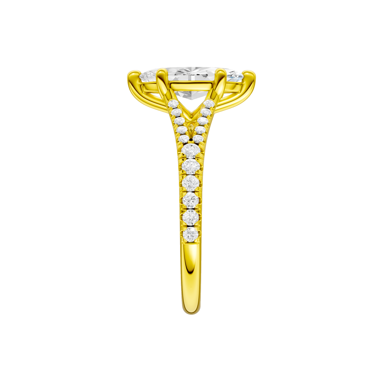 A side view of the Marquise cut diamond engagement ring in 14k yellow gold with a prong band and solitaire setting