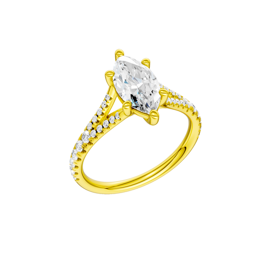 A three-quarter view of the Marquise cut diamond engagement ring in 14k yellow gold with a prong band and solitaire setting