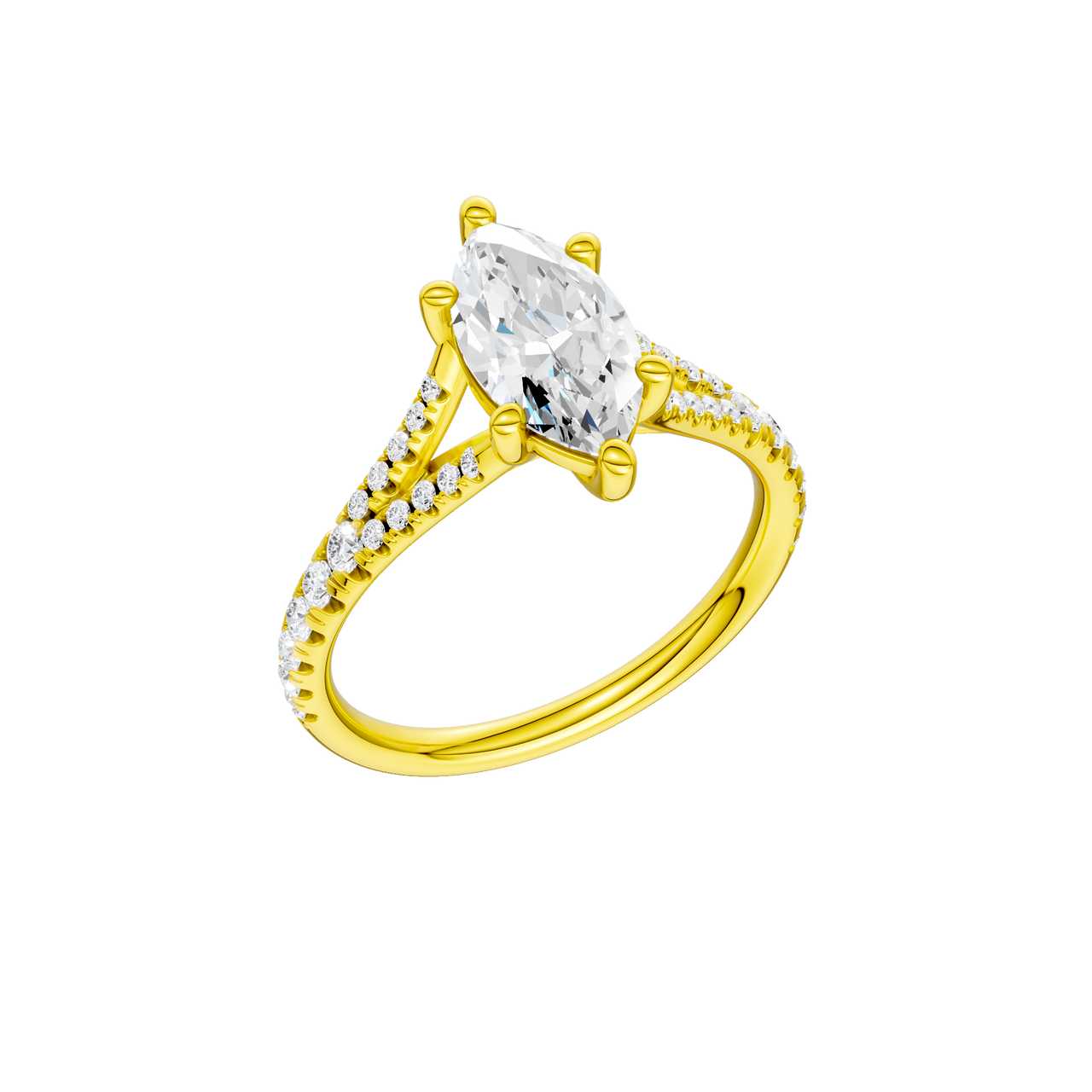 A three-quarter view of the Marquise cut diamond engagement ring in 14k yellow gold with a prong band and solitaire setting