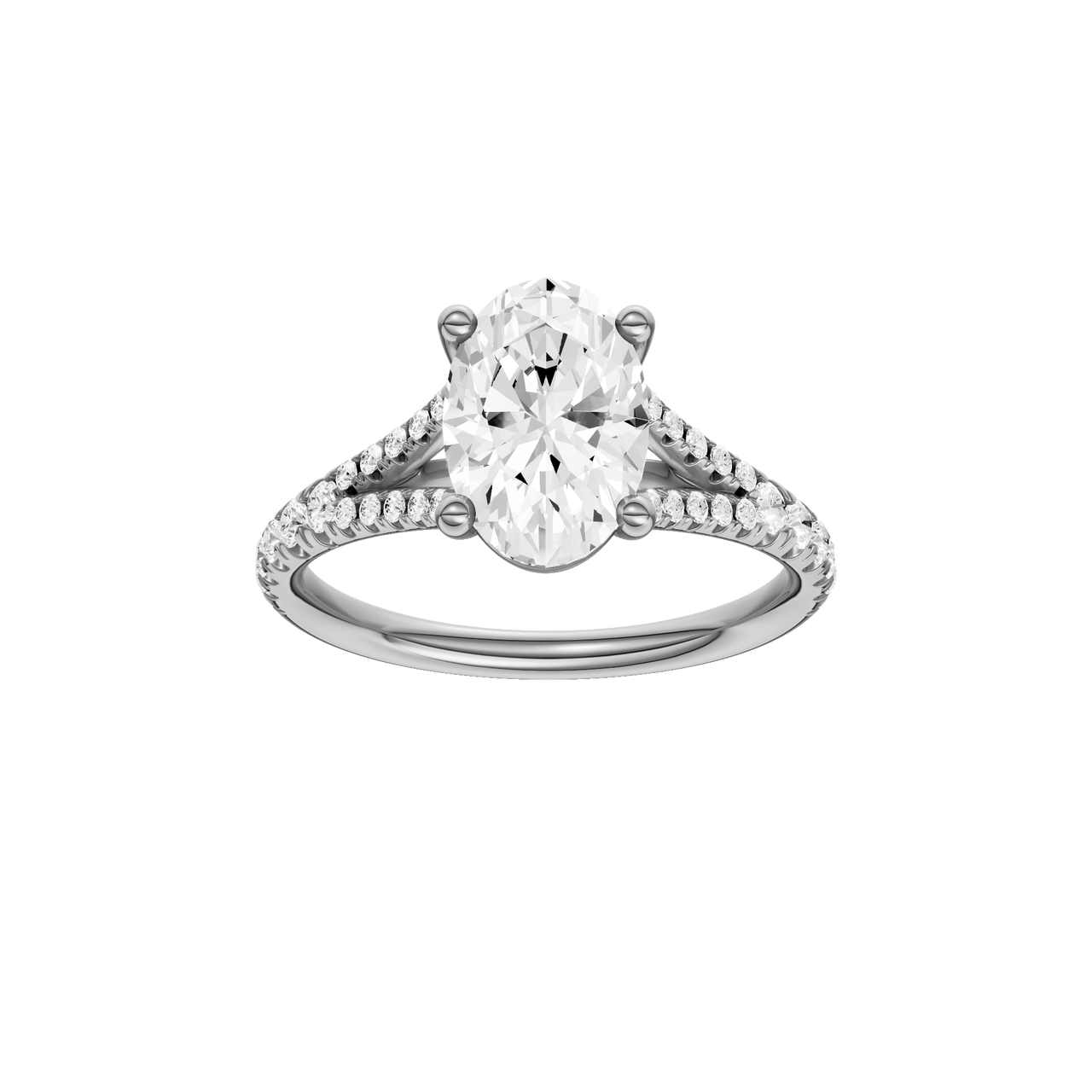 A front view of the Oval cut diamond engagement ring in platinum with a prong band and solitaire setting
